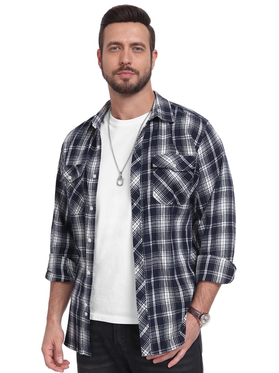 Mens Brushed-flannel check shirt Plaid Shirt Long Sleeve Button Down Casual Buffalo Check Shirt Soft Lightweight Shacket Jacket for Men Fall Winter with Pockets
