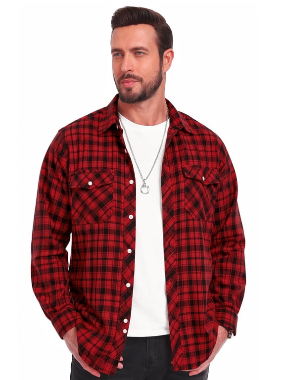 Mens Brushed-flannel check shirt Plaid Shirt Long Sleeve Button Down Casual Buffalo Check Shirt Soft Lightweight Shacket Jacket for Men Fall Winter with Pockets