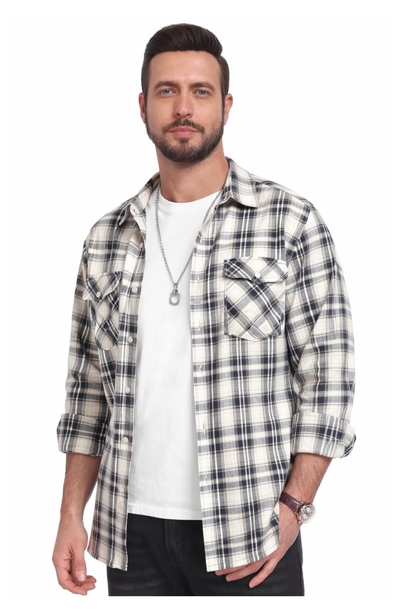Mens Brushed-flannel check shirt Plaid Shirt Long Sleeve Button Down Casual Buffalo Check Shirt Soft Lightweight Shacket Jacket for Men Fall Winter with Pockets