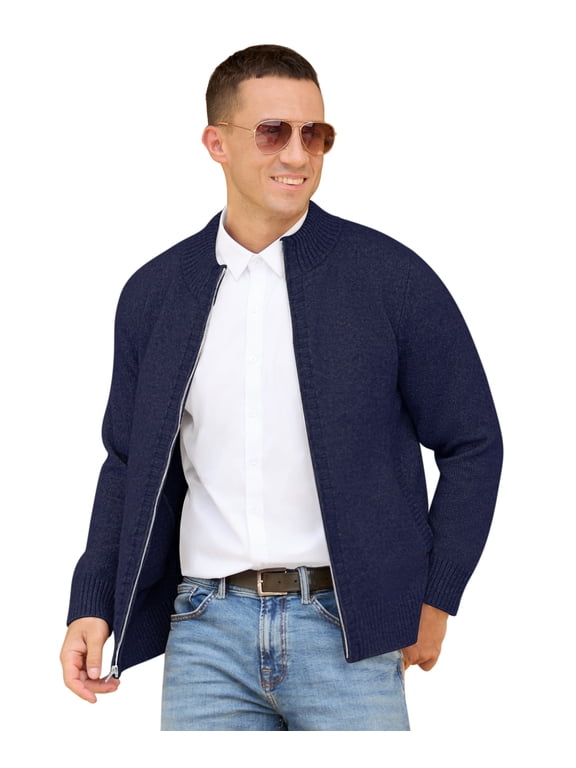 Mens Full Zip Cardigan Sweater Casual Stand Collar Regular Fit Knit Sweater Fall Winter Ribbed Cardigan