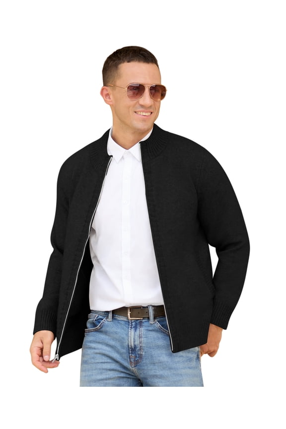 Mens Full Zip Cardigan Sweater Casual Stand Collar Regular Fit Knit Sweater Fall Winter Ribbed Cardigan