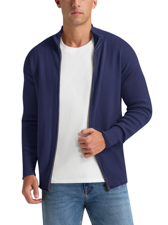 Men's Knit Cardigan Sweater Full Zip Mock Neck Ribbed Long Sleeve Lightweight Knit Jacket