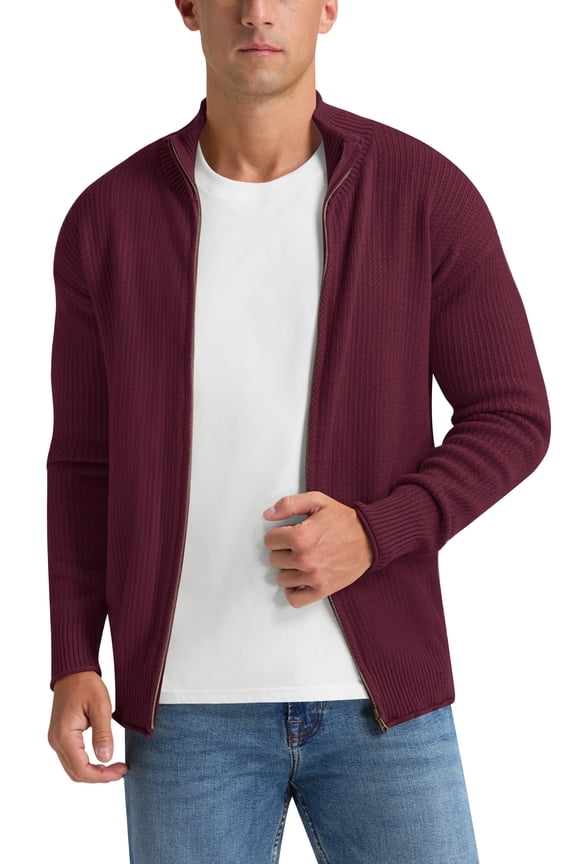 Mens Full Zip Cardigan Sweaters Relax Fit Lapel Collar Raglan Sleeve Casual Ribbed Sweater