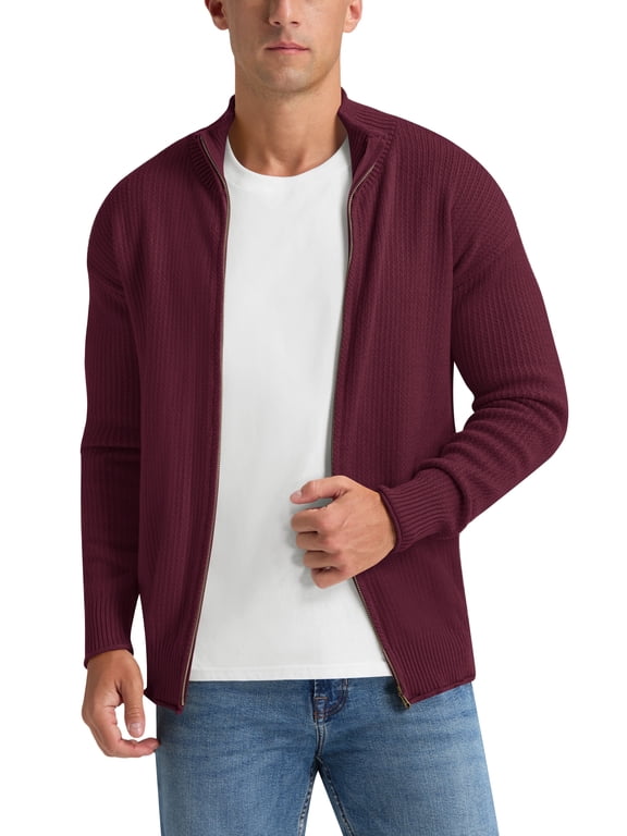 Men's Knit Cardigan Sweater Full Zip Mock Neck Ribbed Long Sleeve Lightweight Knit Jacket