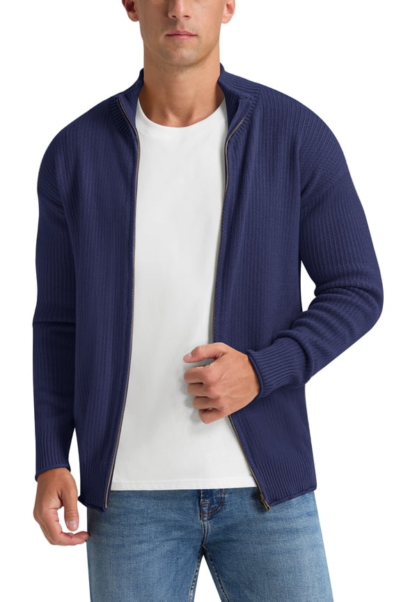 Mens Full Zip Cardigan Sweaters Relax Fit Lapel Collar Raglan Sleeve Casual Ribbed Sweater