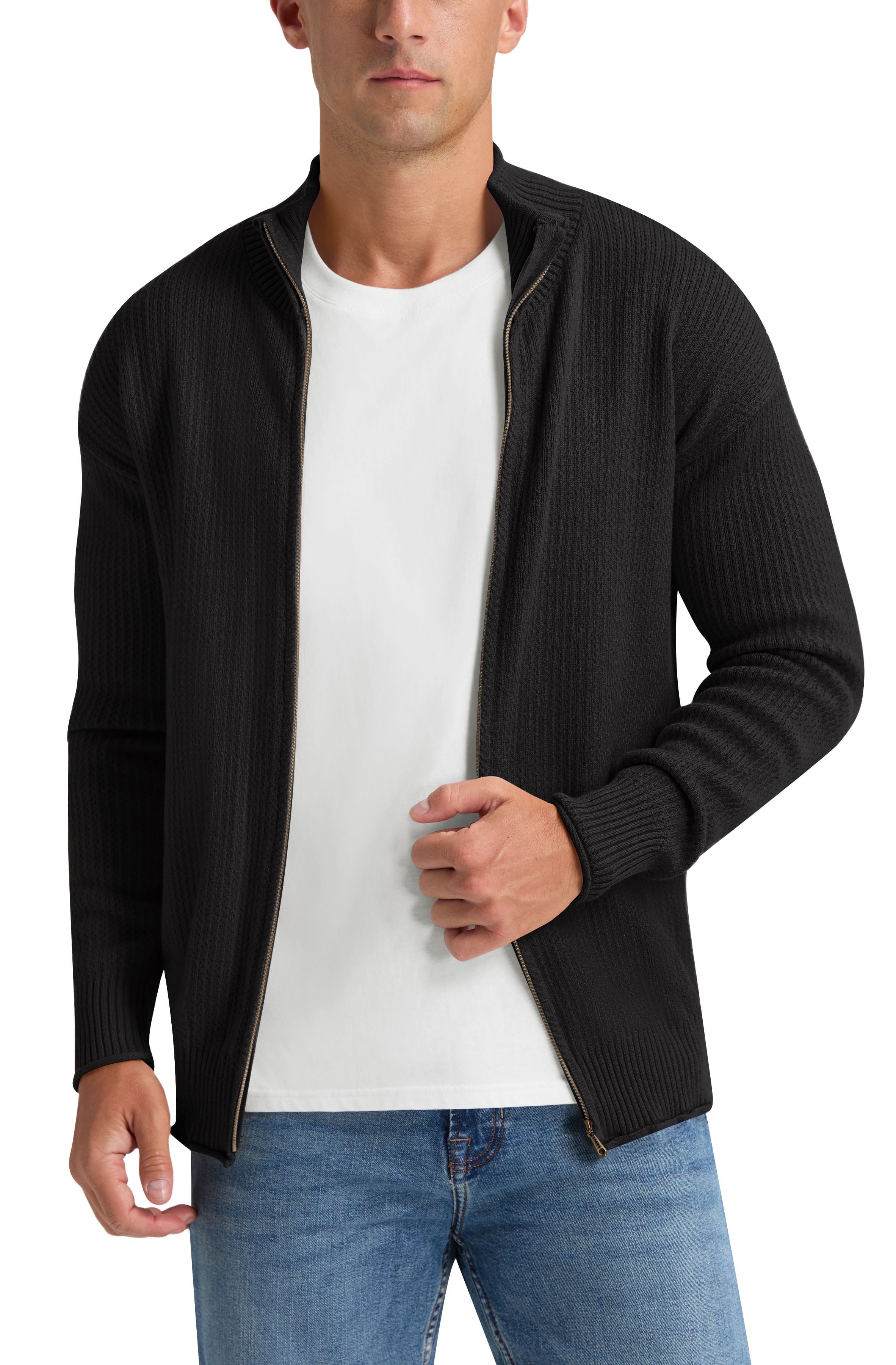 Iceglad Men's Knit Cardigan Sweater Full Zip Mock Neck Ribbed Long Sleeve Lightweight Knit Jacket