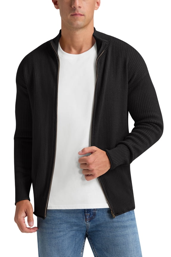Men's Knit Cardigan Sweater Full Zip Mock Neck Ribbed Long Sleeve Lightweight Knit Jacket