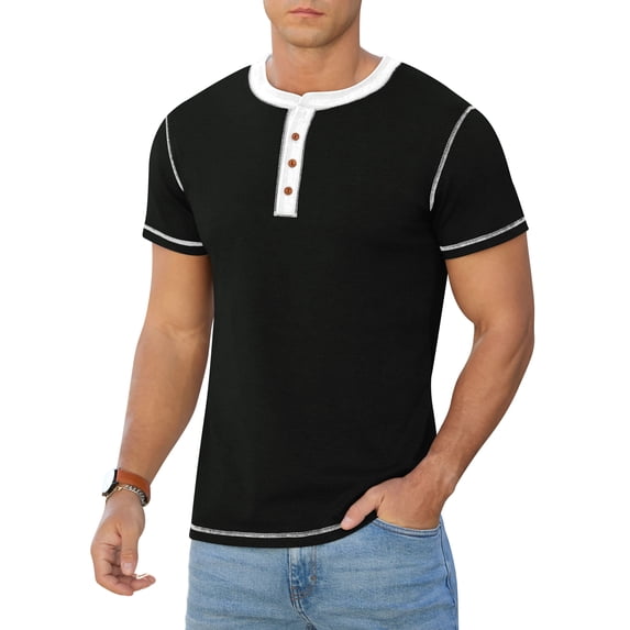 Iceglad Mens Henley Short Sleeve T-Shirt Cotton Lightweight Button T-Shirts Basic Casual Shirts Black M
