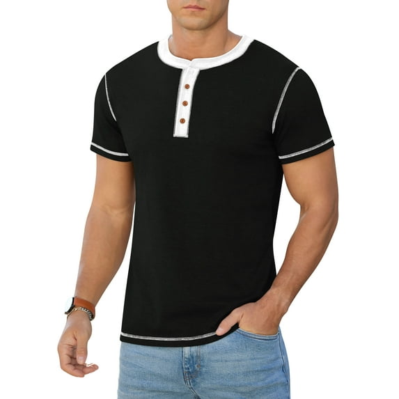 Iceglad Mens Henley Short Sleeve T-Shirt Cotton Lightweight Button T-Shirts Basic Casual Shirts Black XL