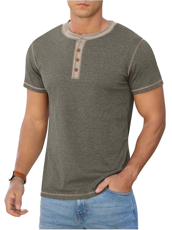 Mens Henley Short Sleeve T-Shirt Cotton Lightweight Button T-Shirts Basic Casual Shirts Dark Grey S