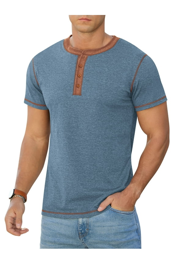 Mens Henley Short Sleeve T-Shirt Cotton Lightweight Button T-Shirts Basic Casual Shirts Vg Blue L