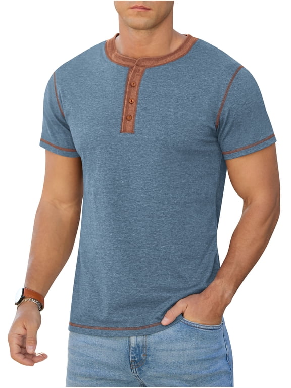 Mens Henley Short Sleeve T-Shirt Cotton Lightweight Button T-Shirts Basic Casual Shirts Vg Blue L