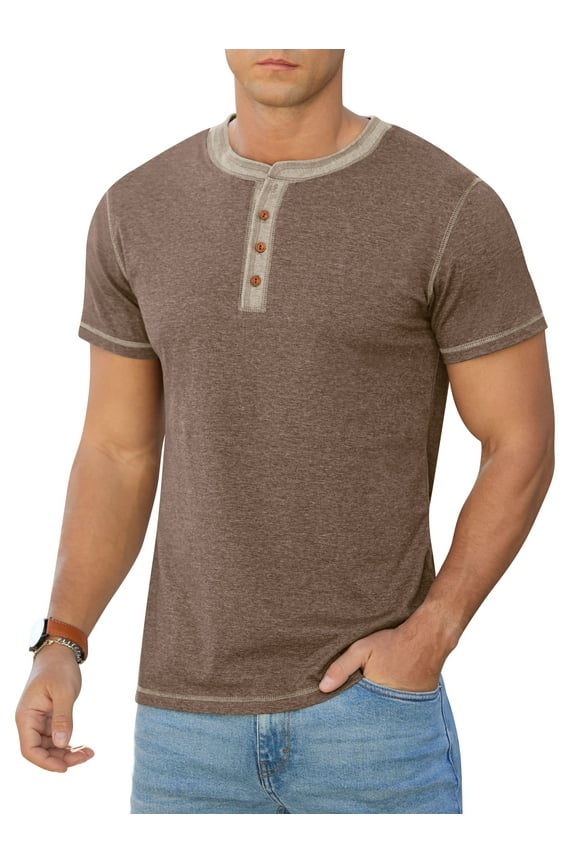 Mens Henley Short Sleeve T-Shirt Cotton Lightweight Button T-Shirts Basic Casual Shirts Vg Brown L
