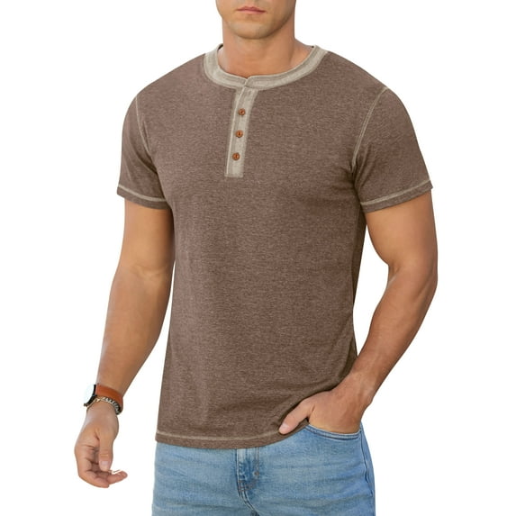 Iceglad Mens Henley Short Sleeve T-Shirt Cotton Lightweight Button T-Shirts Basic Casual Shirts Vg Brown XL