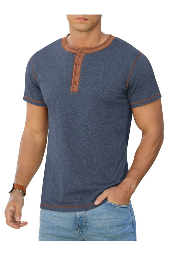 Mens Henley Short Sleeve T-Shirt Cotton Lightweight Button T-Shirts Basic Casual Shirts Vg Navy Blue M