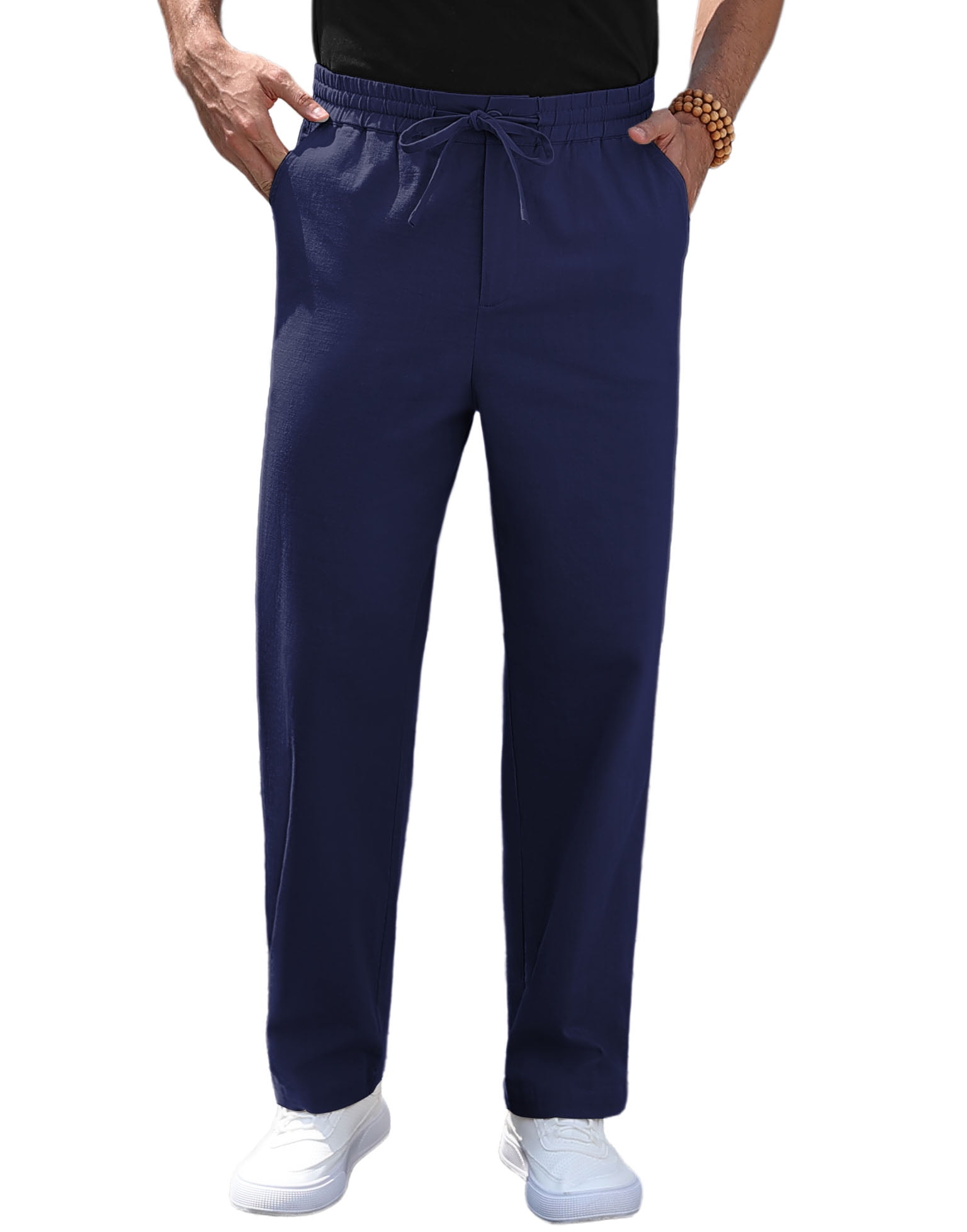Mens Cotton Linen Pants Elastic Waist Lightweight Drawstring Trouser Casual Summer Beach Pants Navy Blue-l