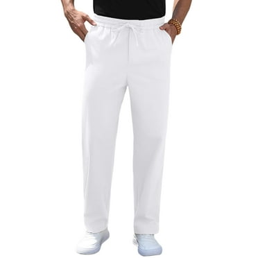 Iceglad Mens Cotton Linen Pants Elastic Waist Lightweight Drawstring Trouser Casual Summer Beach Pants White-m