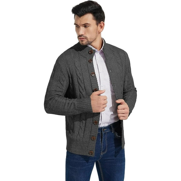 Iceglad Mens Long Sleeve Stand Collar Cardigan Sweaters Button Down Cable Knitted Sweater