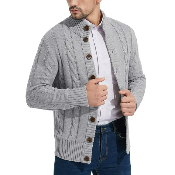 Iceglad Mens Long Sleeve Stand Collar Cardigan Sweaters Button Down Cable Knitted Sweater