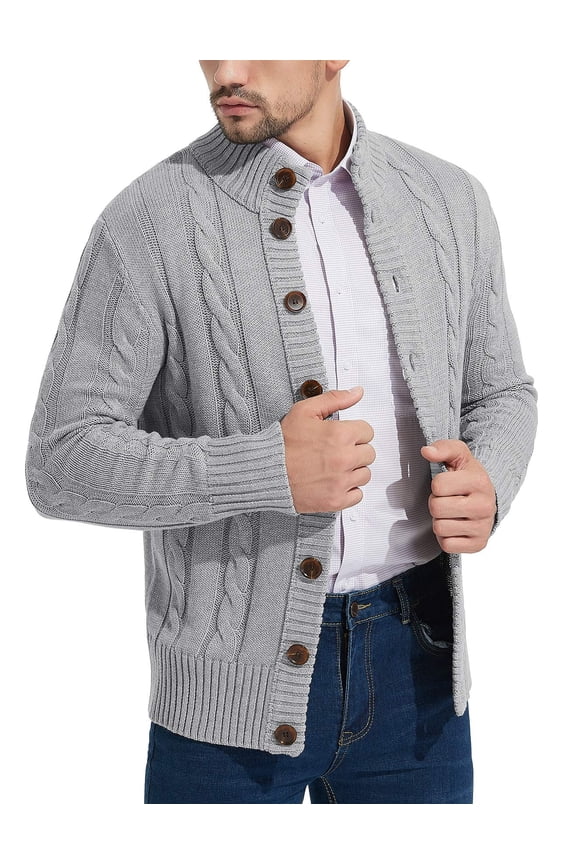 Mens Long Sleeve Stand Collar Cardigan Sweaters Button Down Cable Knitted Sweater