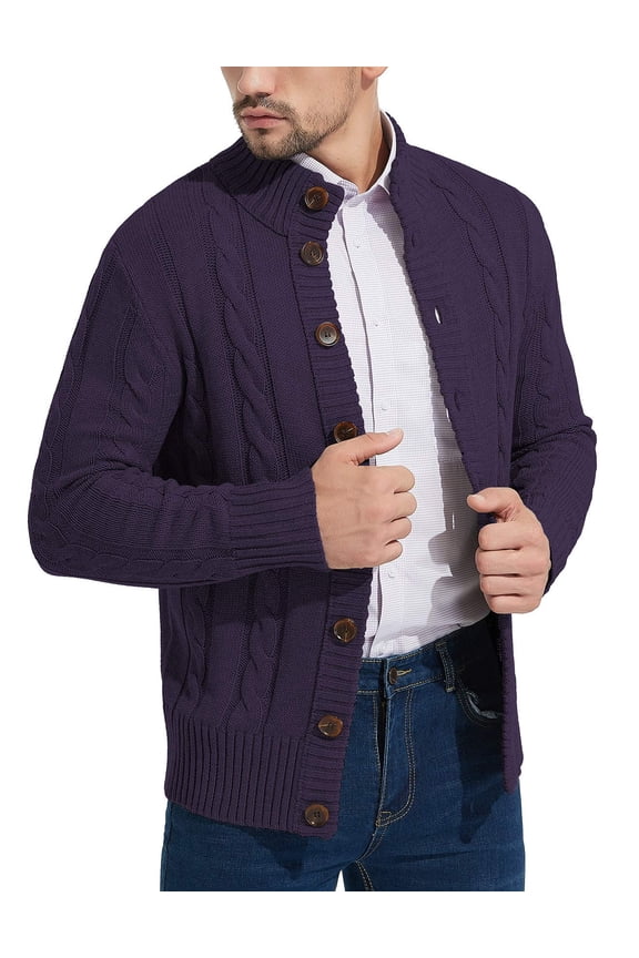 Mens Long Sleeve Stand Collar Cardigan Sweaters Button Down Cable Knitted Sweater