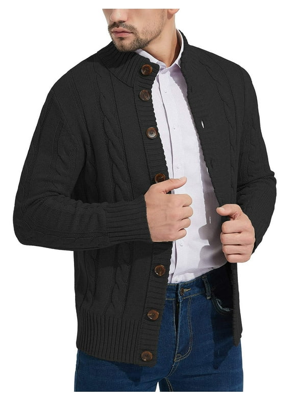 Mens Long Sleeve Stand Collar Cardigan Sweaters Button Down Cable Knitted Sweater