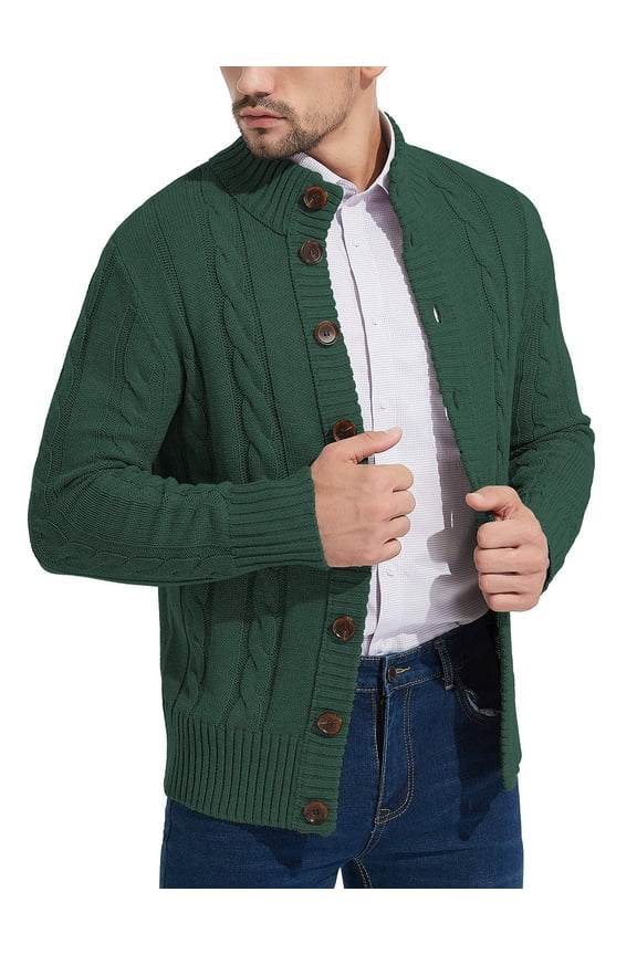Mens Long Sleeve Stand Collar Cardigan Sweaters Button Down Cable Knitted Sweater