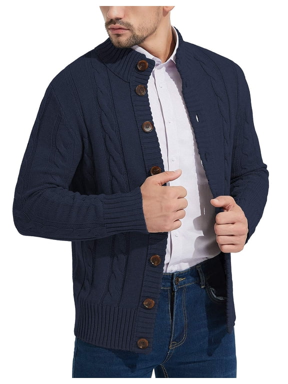 Mens Long Sleeve Stand Collar Cardigan Sweaters Button Down Cable Knitted Sweater