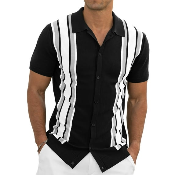 Iceglad Mens Polo Shirts Vintage Striped Knitting Short Sleeves Button Down Golf Shirts