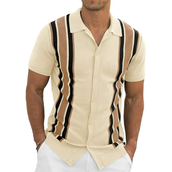 Iceglad Mens Polo Shirts Vintage Striped Knitting Short Sleeves Button Down Golf Shirts