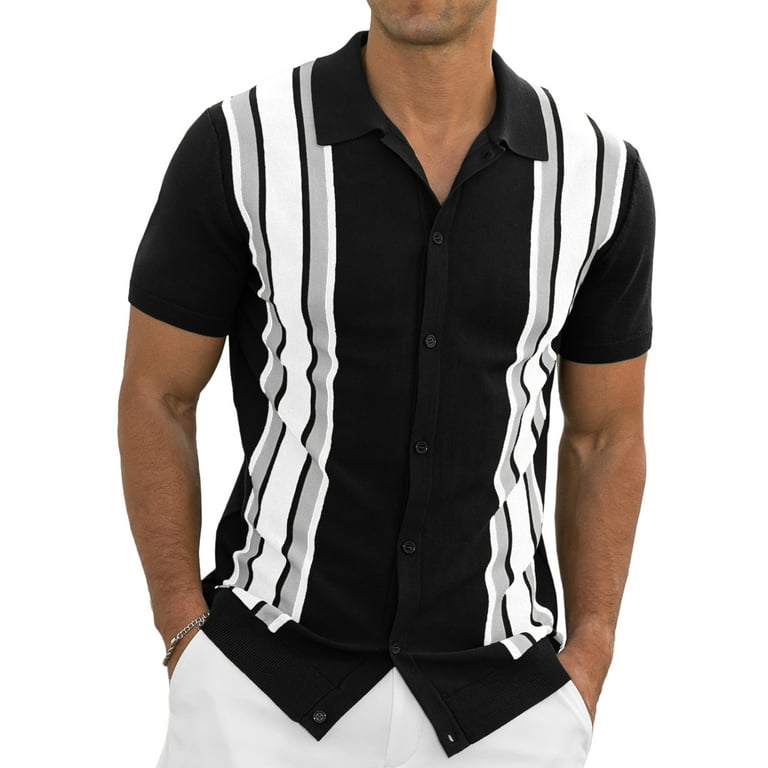 Clothing Black And White Striped Polo Shirt Mens Venitian