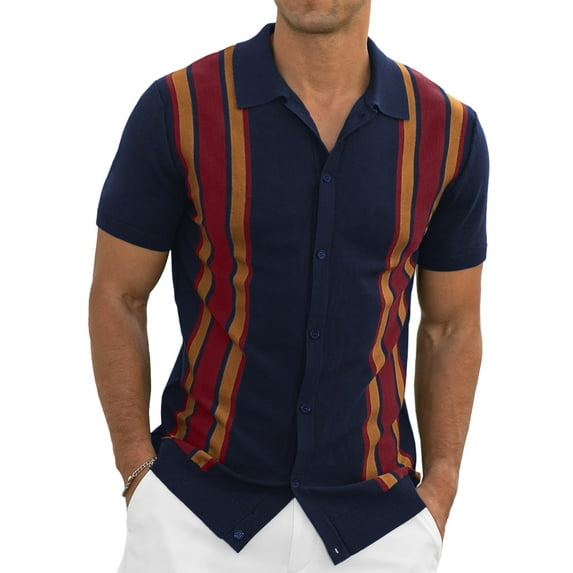 Iceglad Mens Polo Shirts Vintage Striped Knitting Short Sleeves Button Down Golf Shirts