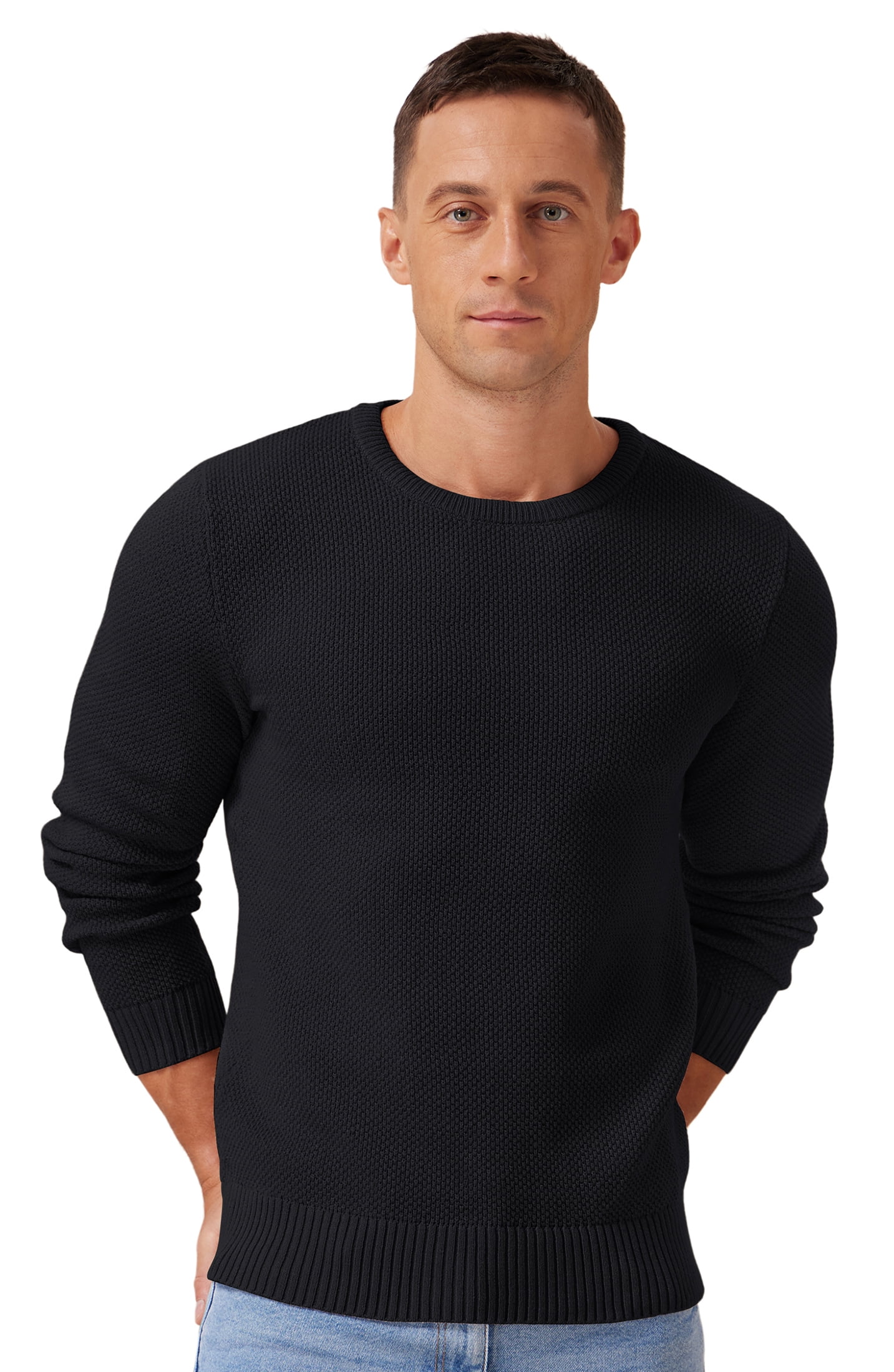 Men's Classic Crewneck Pullover Sweater with Ribbing Edge, Soft Lightweight Knitwear, Black-XL