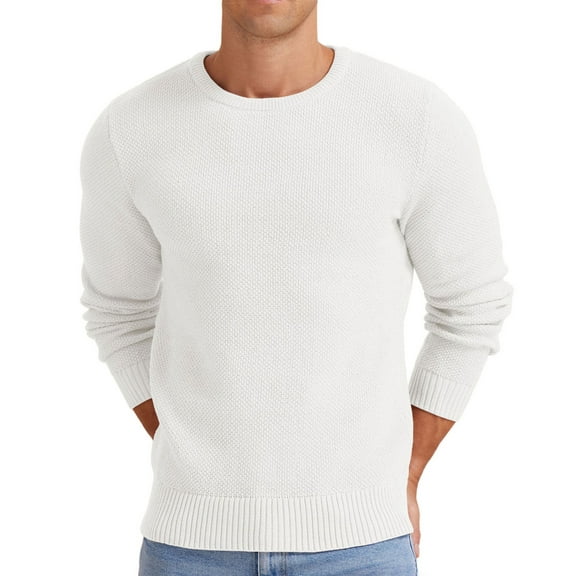 Iceglad Mens Pullover Sweater Soft Lightweight Casual Classic Crewneck Knitwear Sweaters with Ribbing Edge White-l