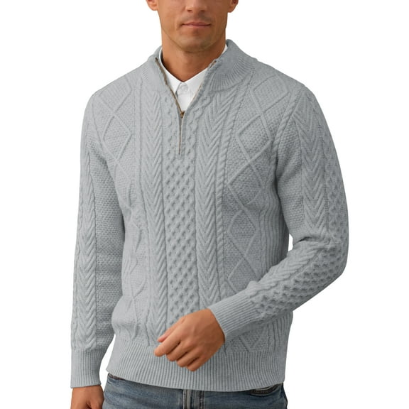 Iceglad Mens Quarter Zip Sweater Cable Knit Stand Collar Pullover Casual Thermal Knitwear