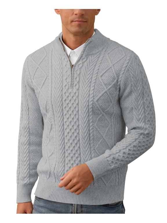 Mens Quarter Zip Sweater Cable Knit Stand Collar Pullover Casual Thermal Knitwear