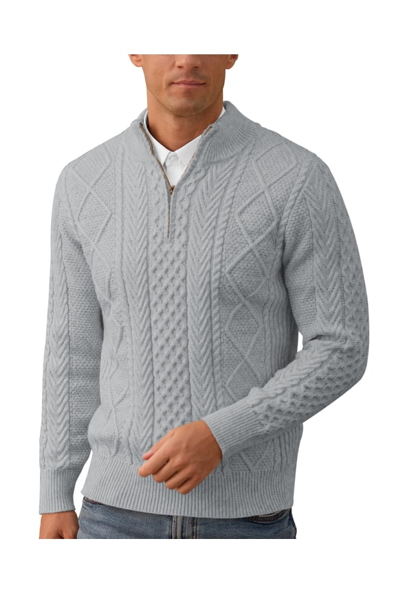 Mens Quarter Zip Sweater Cable Knit Stand Collar Pullover Casual Thermal Knitwear