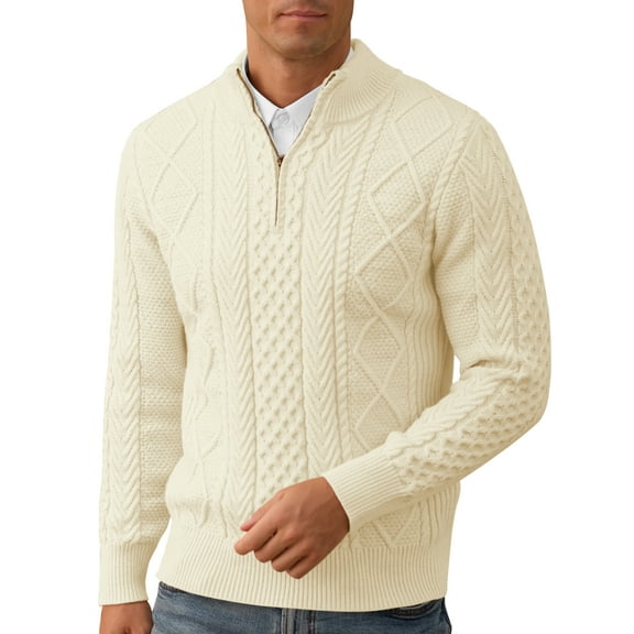 Iceglad Mens Quarter Zip Sweater Cable Knit Stand Collar Pullover Casual Thermal Knitwear