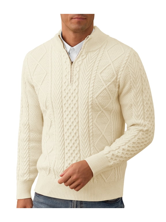 Mens Quarter Zip Sweater Cable Knit Stand Collar Pullover Casual Thermal Knitwear