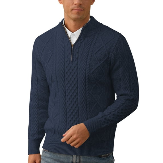 Iceglad Mens Quarter Zip Sweater Cable Knit Stand Collar Pullover Casual Thermal Knitwear