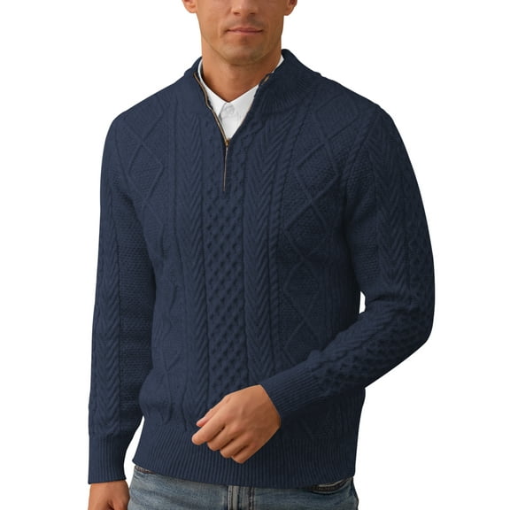 Iceglad Mens Quarter Zip Sweater Cable Knit Stand Collar Pullover Casual Thermal Knitwear