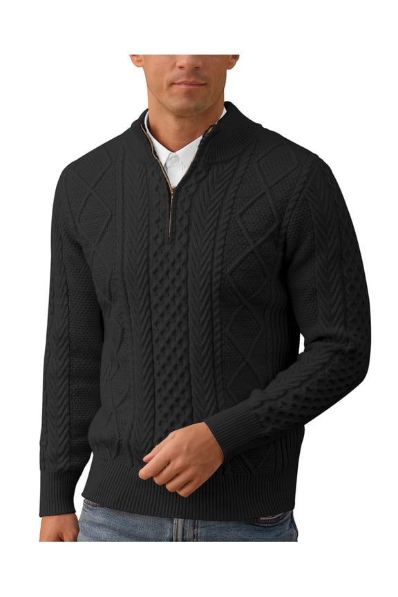 Mens Quarter Zip Sweater Cable Knit Stand Collar Pullover Casual Thermal Knitwear