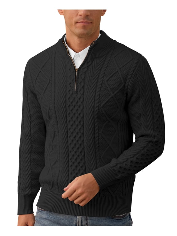 Mens Quarter Zip Sweater Cable Knit Stand Collar Pullover Casual Thermal Knitwear