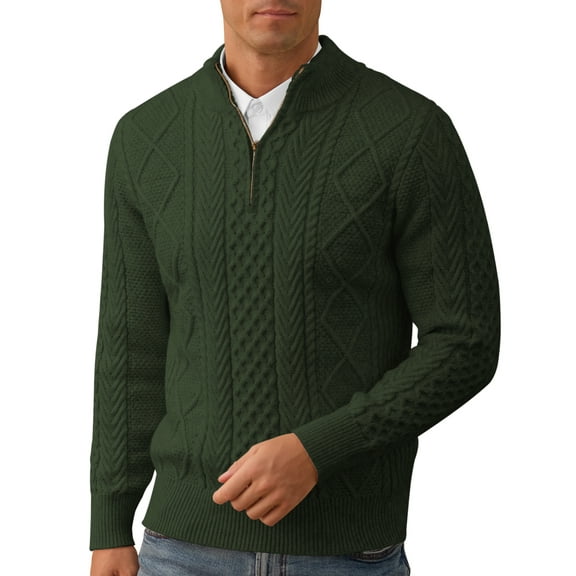 Iceglad Mens Quarter Zip Sweater Cable Knit Stand Collar Pullover Casual Thermal Knitwear