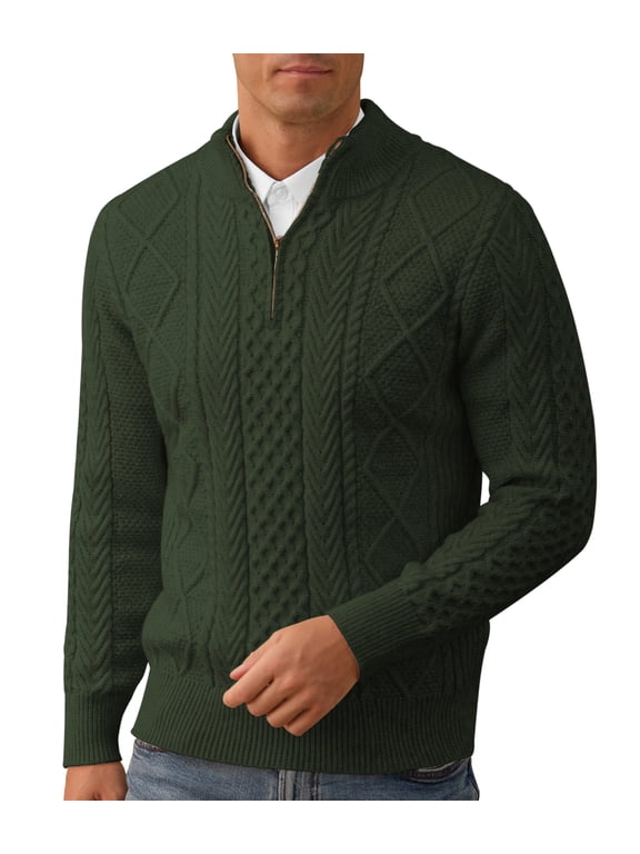 Mens Quarter Zip Sweater Cable Knit Stand Collar Pullover Casual Thermal Knitwear