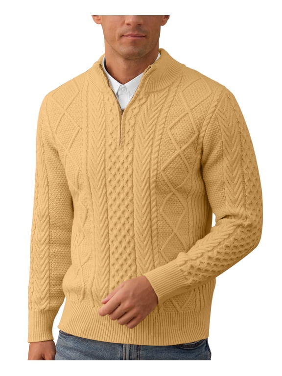 Mens Quarter Zip Sweater Cable Knit Stand Collar Pullover Casual Thermal Knitwear