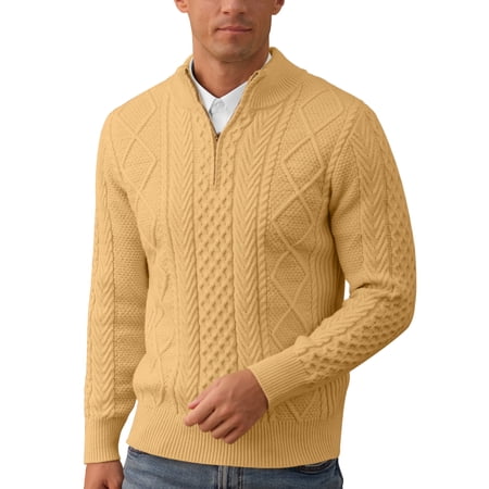 Iceglad Mens Quarter Zip Sweater Cable Knit Stand Collar Pullover Casual Thermal Knitwear