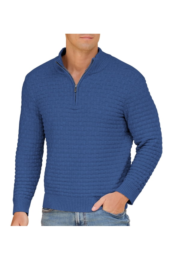 Mens Quarter-Zip Sweater Textured-Knit Mock Neck Pullover Business Casual Slim Fit Knit Texture Sweater