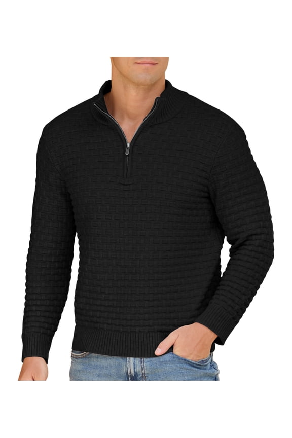Mens Quarter-Zip Sweater Textured-Knit Mock Neck Pullover Business Casual Slim Fit Knit Texture Sweater