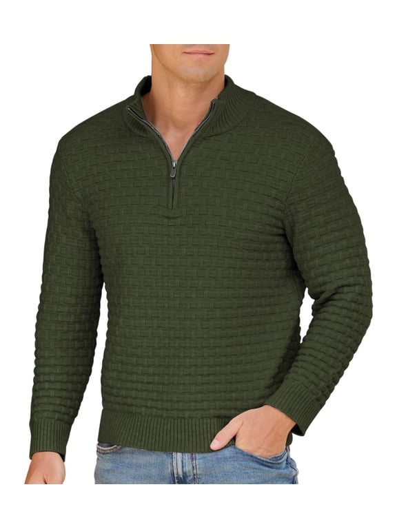 Mens Quarter-Zip Sweater Textured-Knit Mock Neck Pullover Business Casual Slim Fit Knit Texture Sweater